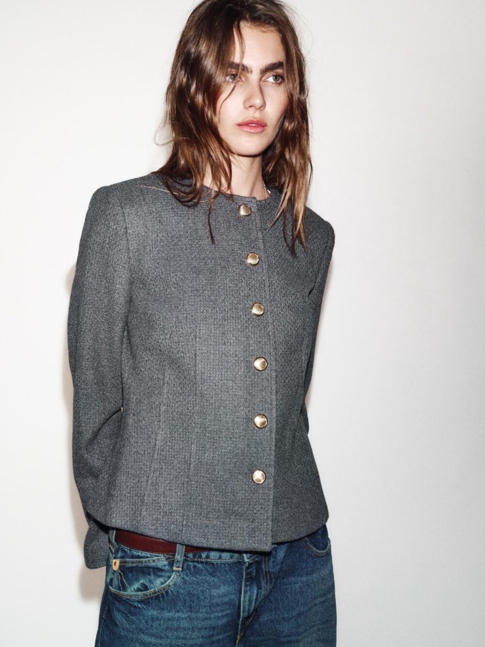 ZARA Tailored Round Neck Blazer Gray Gold Button Jacket Medium NWT Career Office